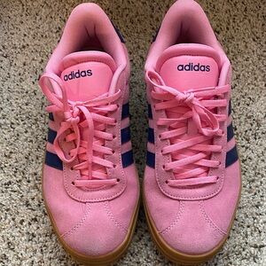 adidas Pink Suede Platform Sneakers with Navy Stripes and Gum Outsole